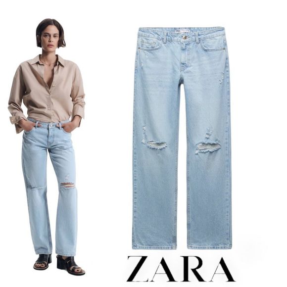 Zara Denim - ZARA | Light Blue | RIPPED MID-RISE Z1975 STRAIGHT LEG JEANS